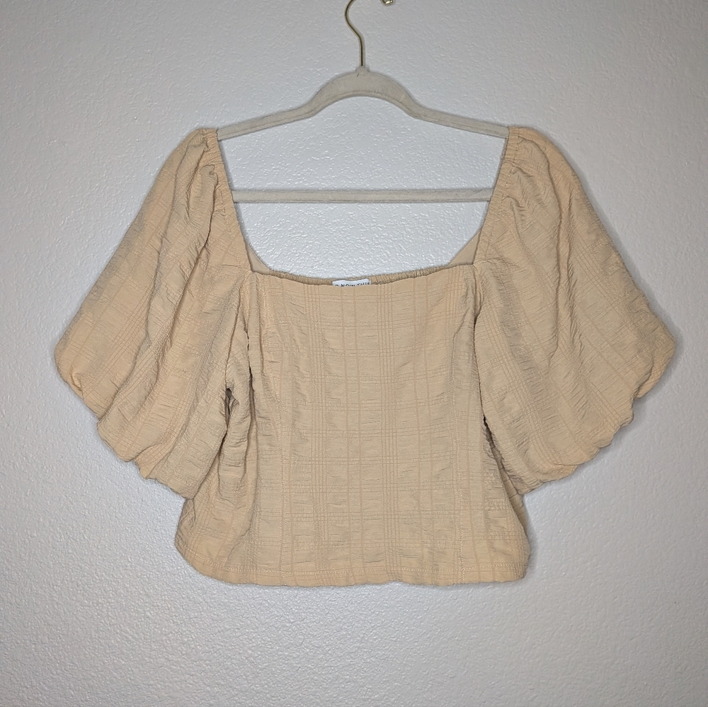 And Now This Womens Beige Tan Peasant Milkmaid Romantic Puff Sleeve Crop Top XL